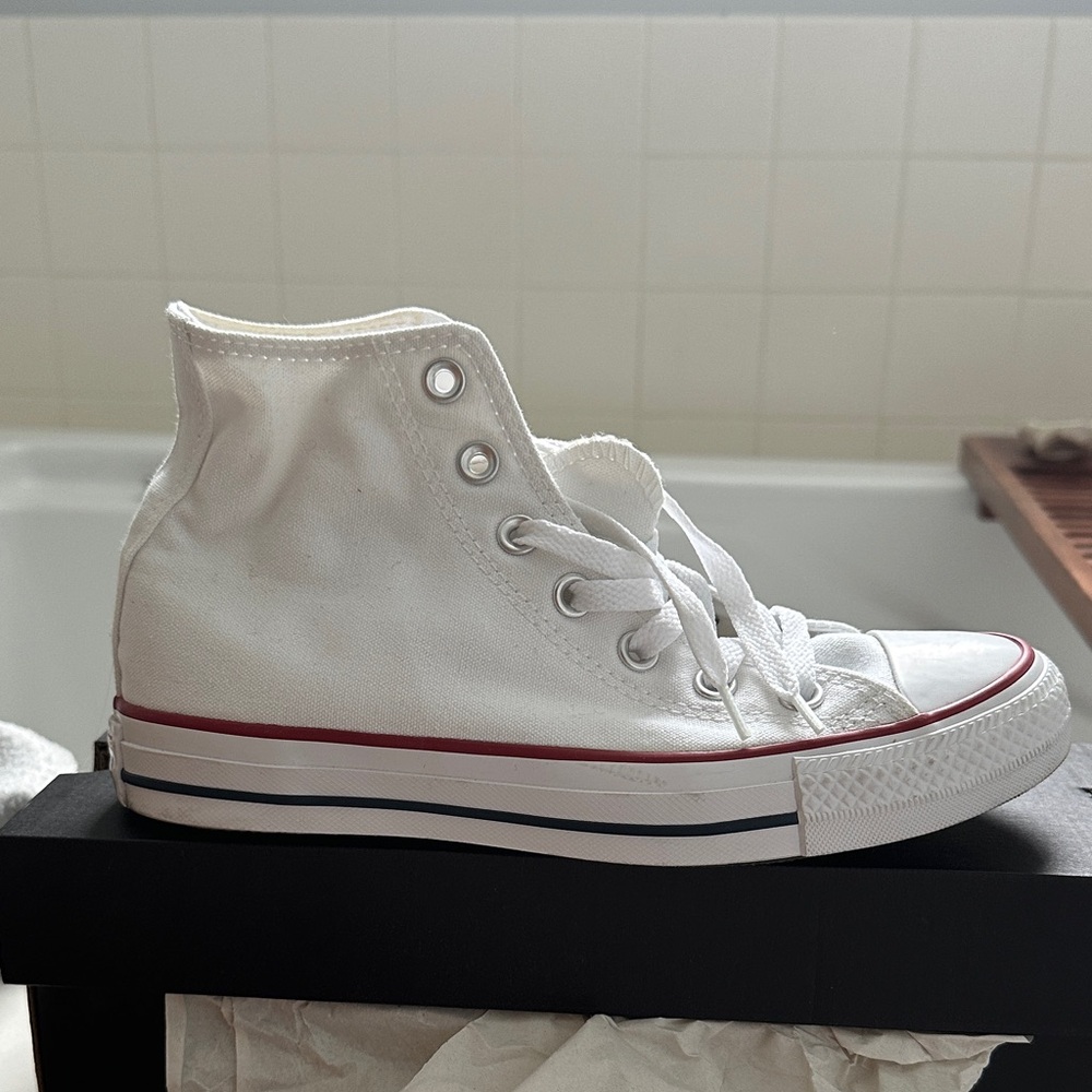 Converse White High-Tops with Red and Blue Accents